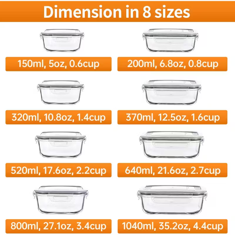 Set de 8 Topers de Vidrio Herméticos con Tapa